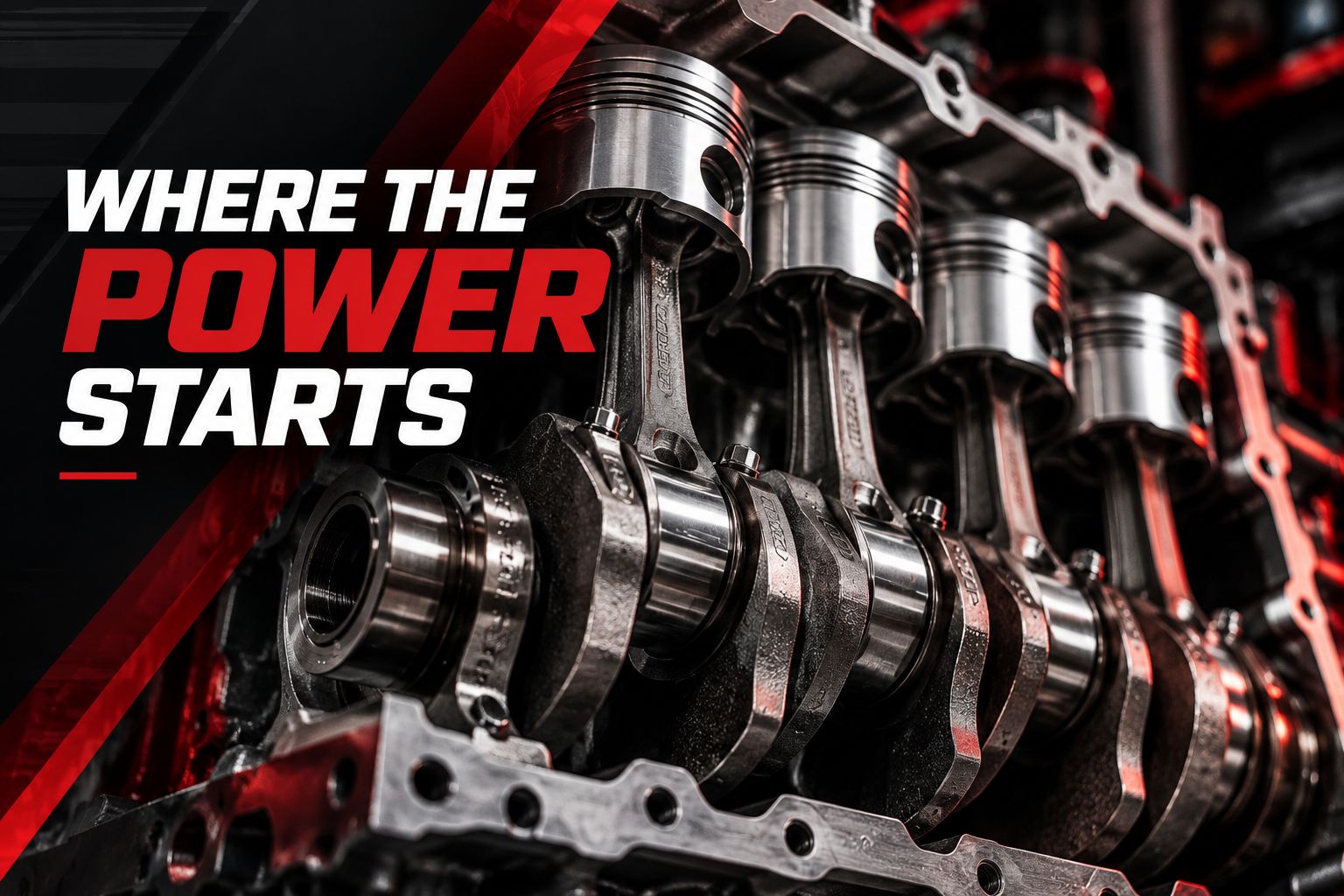 Motorsport engine bottom end with pistons, connecting rods and crankshaft